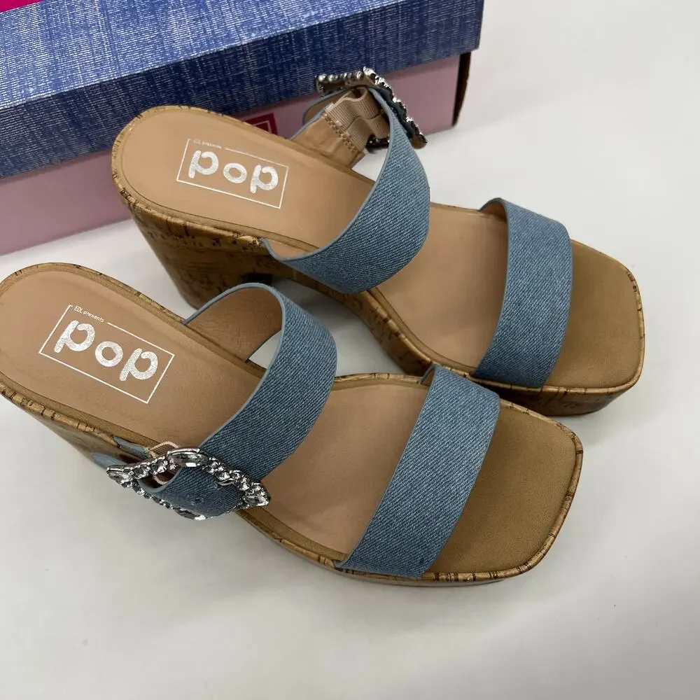 Pop Womens Sharice Heeled Sandals Denim Light Blue Size 8.5M